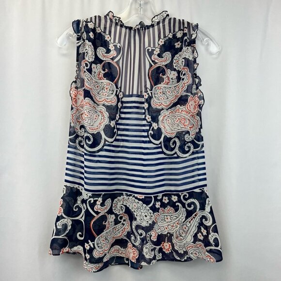 Cabi Womens Peplum Top Multicolor Paisley Stripe Sleeveless V Neck Sheer S - Picture 5 of 11